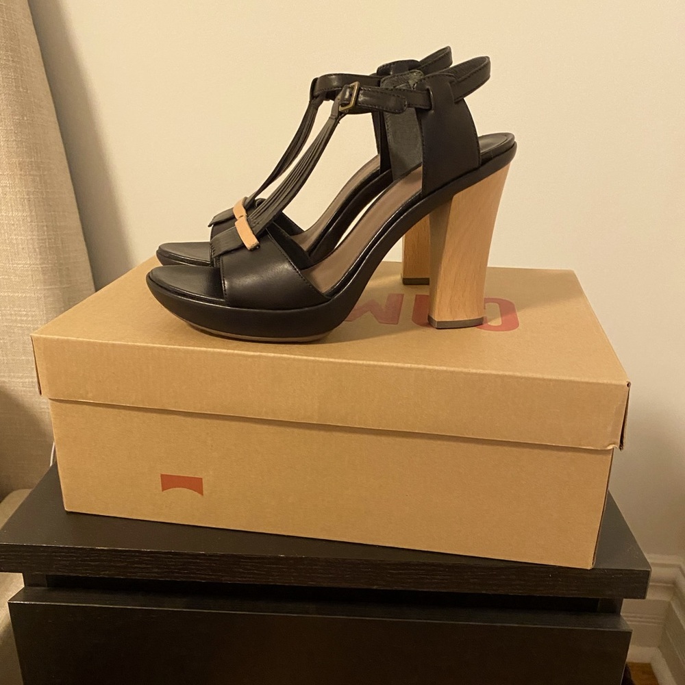 Camper Black Leather T-Strap Block Heel Sandals with Wood-Tone Heel